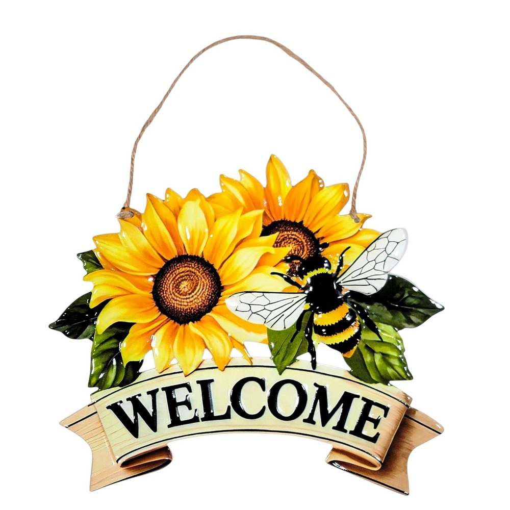Bee Sunflower Welcome Sign Tin Metal Embossed Hanging Door Decor Garden Spring